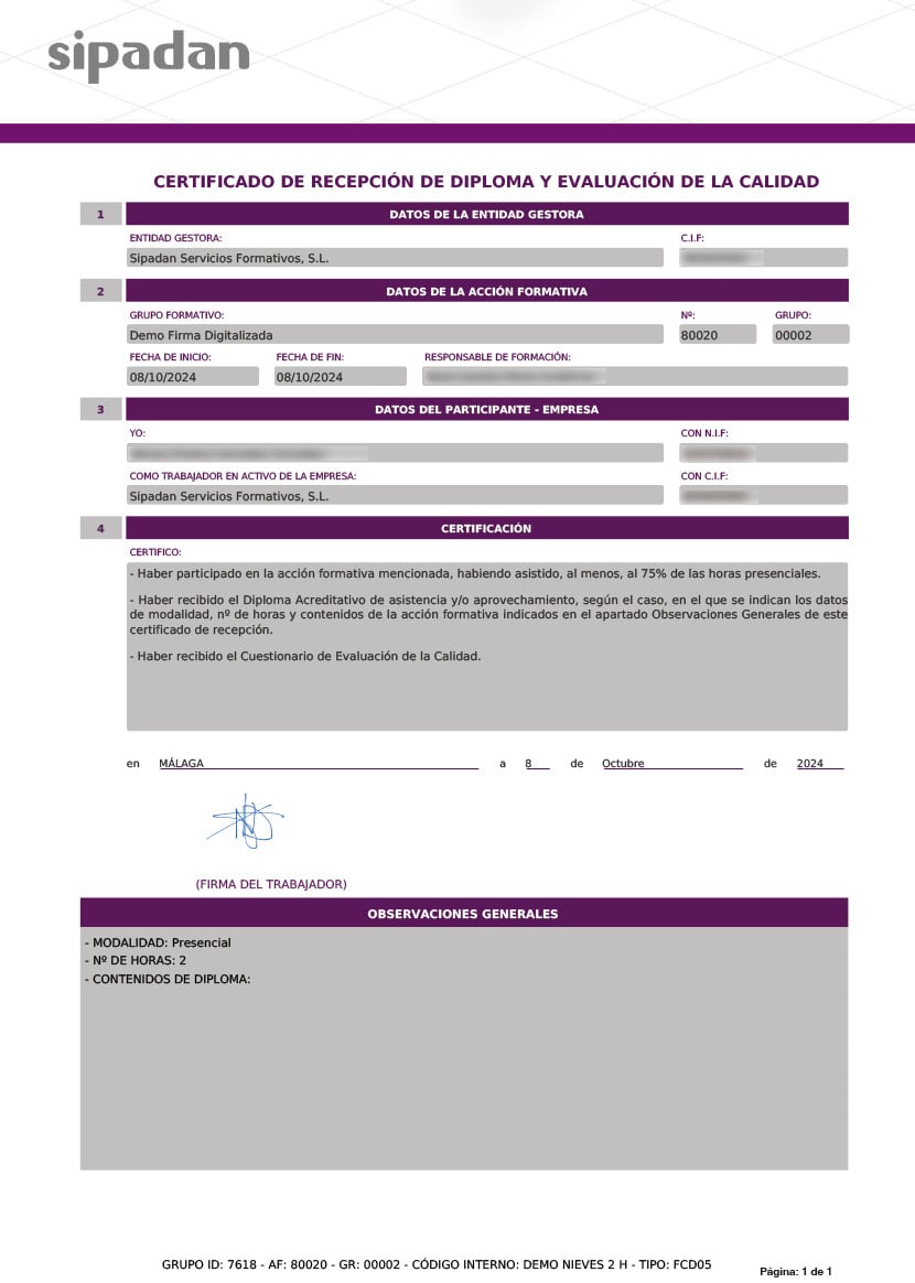 Recibí diploma y cuestionario de calidad